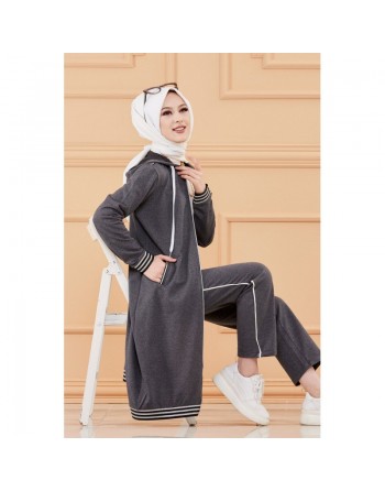 Ensemble sportswear avec longue veste et pantalon (Tenue sport mastour pour femme musulmane) - Couleur anthracite 