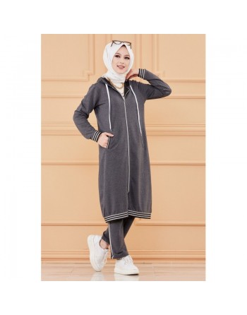 Ensemble sportswear avec longue veste et pantalon (Tenue sport mastour pour femme musulmane) - Couleur anthracite 