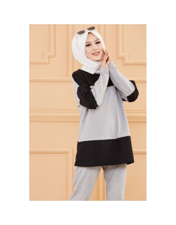 Ensemble sweat et pantalon pour femme (Tenue de sport musulmane pour hidjab) - Couleur noir et gris 