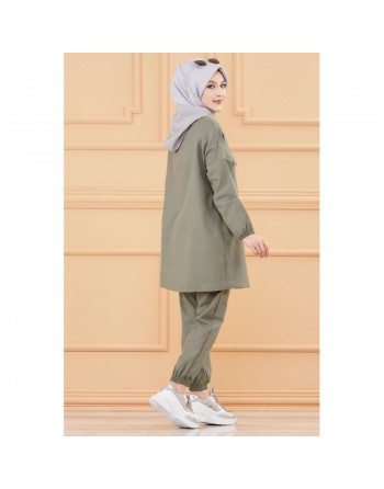 Ensemble casual veste ample à poches et pantalon pour femme (Modest Fashion) - Couleur kaki 