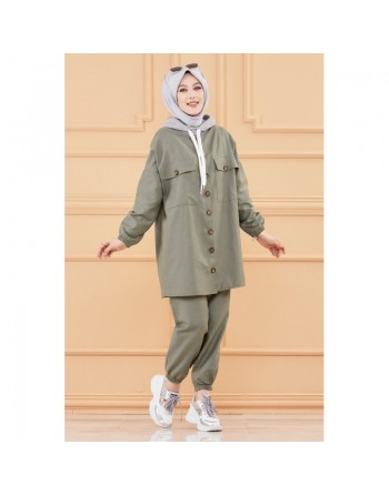 Ensemble casual veste ample à poches et pantalon pour femme (Modest Fashion) - Couleur kaki 
