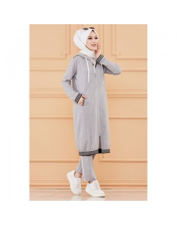 Ensemble décontracté avec veste ample et pantalon (Vetement de sport pudique pour femme musulmane) - Couleur gris clair 