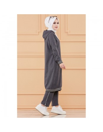 Ensemble sportswear avec longue veste et pantalon (Tenue sport mastour pour femme musulmane) - Couleur anthracite 