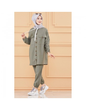 Ensemble casual veste ample à poches et pantalon pour femme (Modest Fashion) - Couleur kaki 