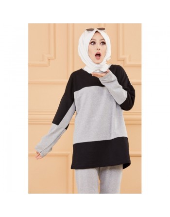Ensemble sweat et pantalon pour femme (Tenue de sport musulmane pour hidjab) - Couleur noir et gris 