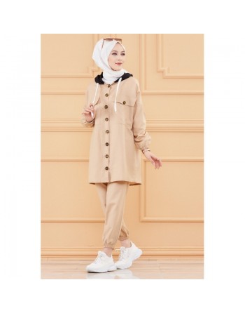 Ensemble casual veste et pantalon pour femme (Mode musulmane France) - Couleur beige 