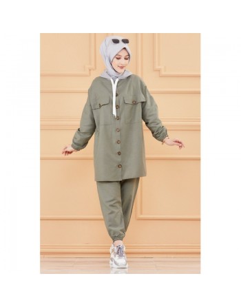 Ensemble casual veste ample à poches et pantalon pour femme (Modest Fashion) - Couleur kaki 