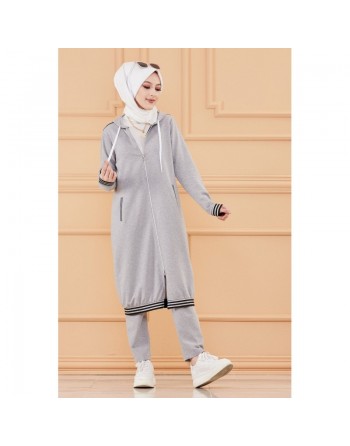 Ensemble décontracté avec veste ample et pantalon (Vetement de sport pudique pour femme musulmane) - Couleur gris clair 