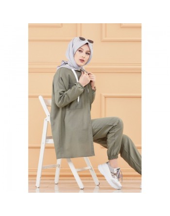Ensemble casual veste ample à poches et pantalon pour femme (Modest Fashion) - Couleur kaki 