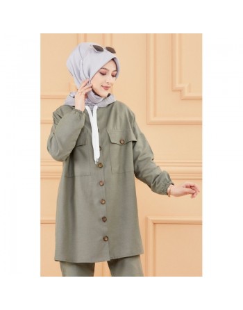 Ensemble casual veste ample à poches et pantalon pour femme (Modest Fashion) - Couleur kaki 