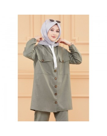 Ensemble casual veste ample à poches et pantalon pour femme (Modest Fashion) - Couleur kaki 