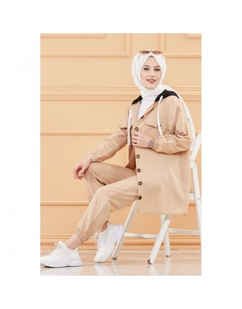 Ensemble casual veste et pantalon pour femme (Mode musulmane France) - Couleur beige 