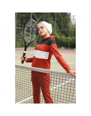 Survêtement tricolore à capuche imprimé "Breathe" (Vetement de sport pour femme musulmane) - Couleur Brique, noir et blanc 