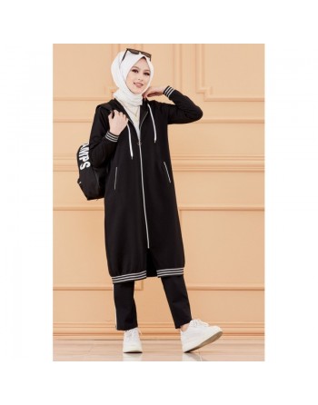 Ensemble avec veste ample et pantalon (Tenue de sport pour femme voilée) - Couleur noir 