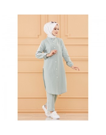 Ensemble décontracté : Tunique boutonnée (chemise longue) et son pantalon (Vêtement Hijab moderne mastour pour femme) -... 