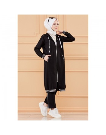 Ensemble avec veste ample et pantalon (Tenue de sport pour femme voilée) - Couleur noir 