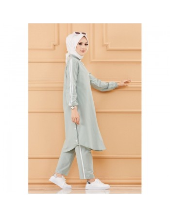 Ensemble décontracté : Tunique boutonnée (chemise longue) et son pantalon (Vêtement Hijab moderne mastour pour femme) -... 