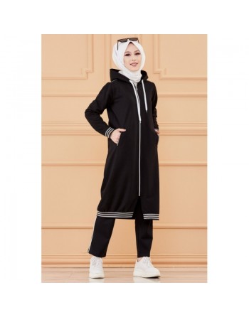 Ensemble avec veste ample et pantalon (Tenue de sport pour femme voilée) - Couleur noir 