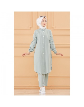 Ensemble décontracté : Tunique boutonnée (chemise longue) et son pantalon (Vêtement Hijab moderne mastour pour femme) -... 