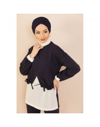 Ensemble décontracté tunique et pantalon pour femme - Couleur blanc et bleu marine 