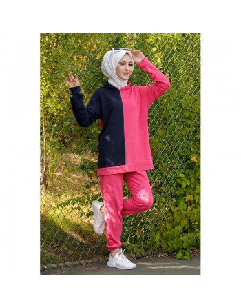 Ensemble Survêtement femme deux pièces (Sweat-Tunique et pantalon) - Couleur bleu marine et fuchsia 