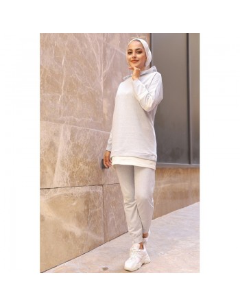 Survêtement femme deux pièces bicolore à capuche (Ensemble sport pas cher) - Couleur gris clair avec bandes blanches 