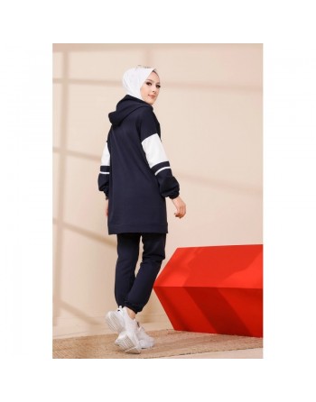 Ensemble moderne pour femme Sweat-shirt à capuche et Pantalon (Tenue décontractée et sport pour hijab) - Couleur bleu marine 