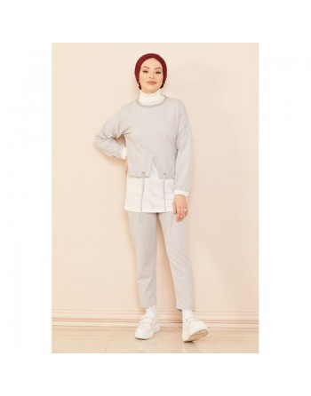Ensemble décontracté moderne pour femme : Tunique et pantalon - Couleur blanc et gris clair 