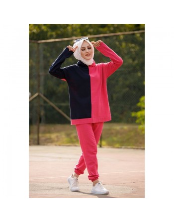 Ensemble Survêtement femme deux pièces (Sweat-Tunique et pantalon) - Couleur bleu marine et fuchsia 