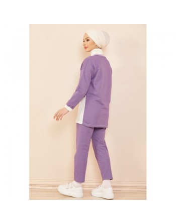 Ensemble décontracté tunique et pantalon pour femme - Couleur blanc et lilas 