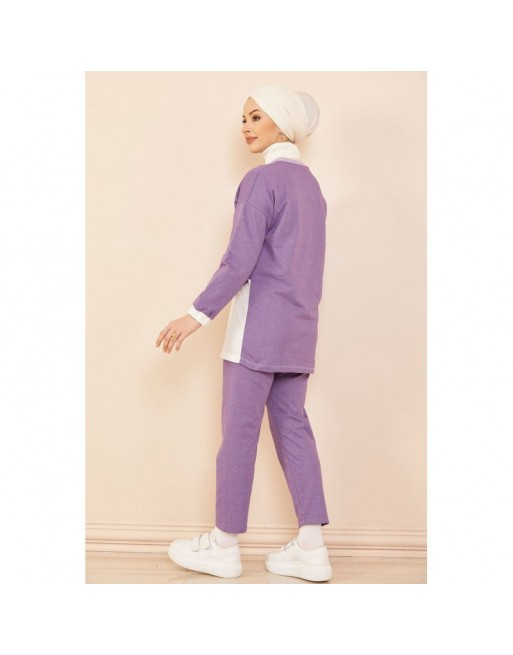 Ensemble décontracté tunique et pantalon pour femme - Couleur blanc et lilas 