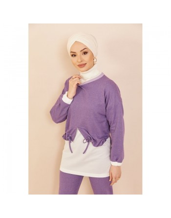 Ensemble décontracté tunique et pantalon pour femme - Couleur blanc et lilas 