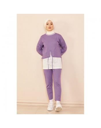 Ensemble décontracté tunique et pantalon pour femme - Couleur blanc et lilas 