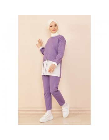 Ensemble décontracté tunique et pantalon pour femme - Couleur blanc et lilas 