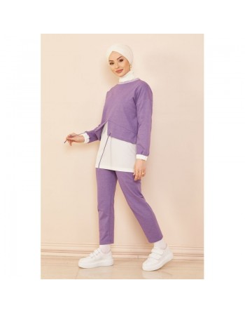 Ensemble décontracté tunique et pantalon pour femme - Couleur blanc et lilas 