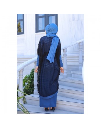 Robe et Cape avec ceinture et collier assortis (Ensemble femme voilée) - Couleur Bleu indigo 