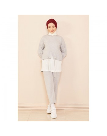 Ensemble décontracté moderne pour femme : Tunique et pantalon - Couleur blanc et gris clair 