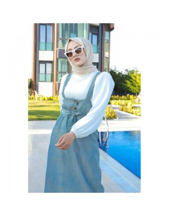 Robe Salopette avec ceinture pour femme - Couleur bleu gris 