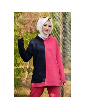 Ensemble Survêtement femme deux pièces (Sweat-Tunique et pantalon) - Couleur bleu marine et fuchsia 