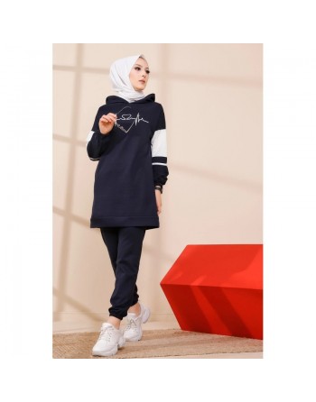 Ensemble moderne pour femme Sweat-shirt à capuche et Pantalon (Tenue décontractée et sport pour hijab) - Couleur bleu marine 