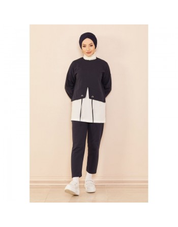 Ensemble décontracté tunique et pantalon pour femme - Couleur blanc et bleu marine 