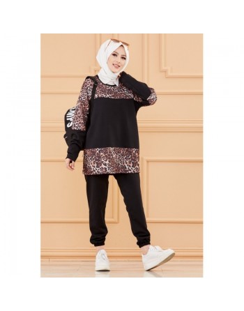 Survêtement femme (Tenue de sport musulmane pour hijab) - Couleur noir avec motifs lépopard 