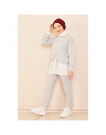 Ensemble décontracté moderne pour femme : Tunique et pantalon - Couleur blanc et gris clair 