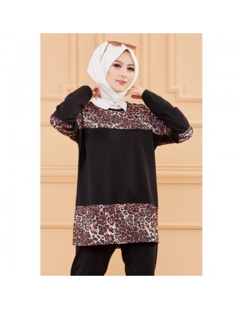 Survêtement femme (Tenue de sport musulmane pour hijab) - Couleur noir avec motifs lépopard 