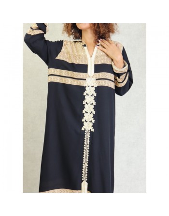 Robe longue arabe style oriental à capuche brodée avec strass pour femme - Couleur Noir 