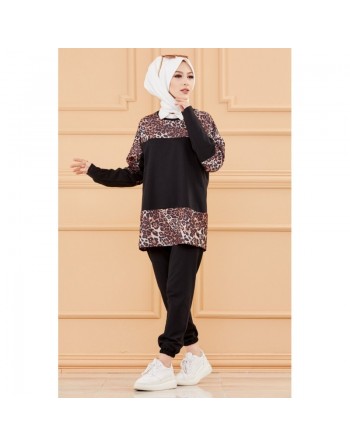 Survêtement femme (Tenue de sport musulmane pour hijab) - Couleur noir avec motifs lépopard 