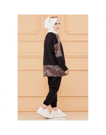 Survêtement femme (Tenue de sport musulmane pour hijab) - Couleur noir avec motifs lépopard 