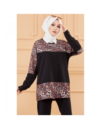 Survêtement femme (Tenue de sport musulmane pour hijab) - Couleur noir avec motifs lépopard 