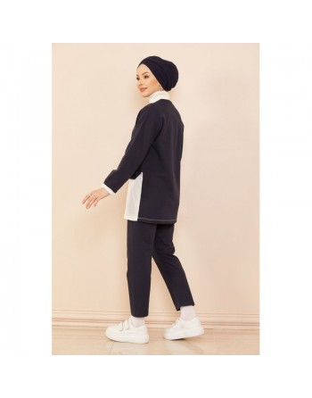 Ensemble décontracté tunique et pantalon pour femme - Couleur blanc et bleu marine 