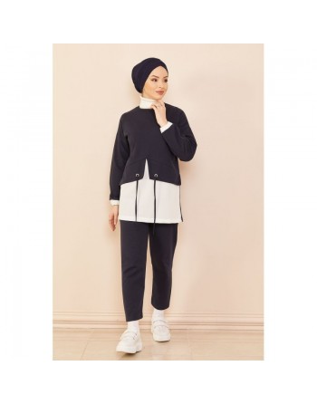 Ensemble décontracté tunique et pantalon pour femme - Couleur blanc et bleu marine 